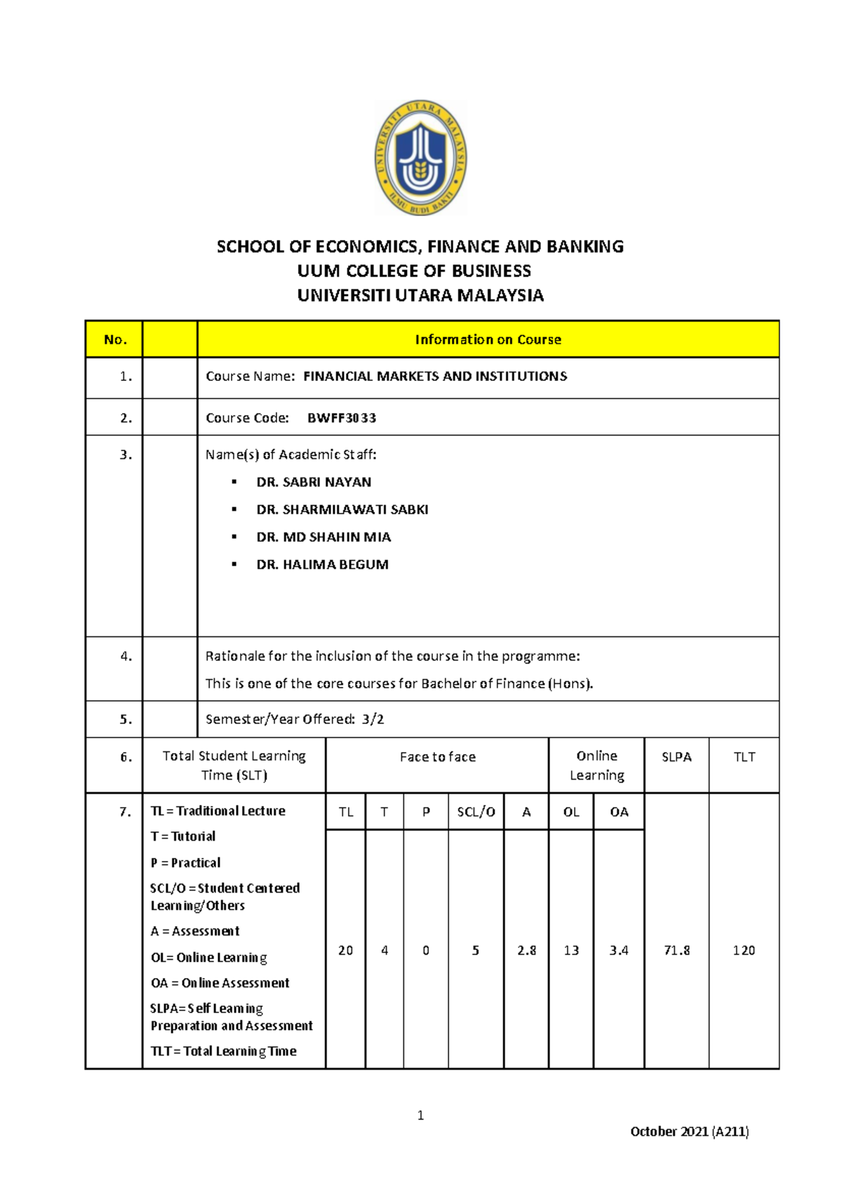 BWFF3033 A211 Course Syllabus for all students in uum - 1 SCHOOL OF ...