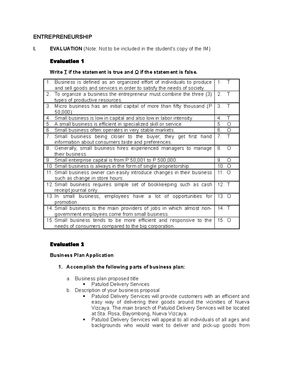 Entrepreneurship Evaluation - ENTREPRENEURSHIP I. EVALUATION (Note: Not ...