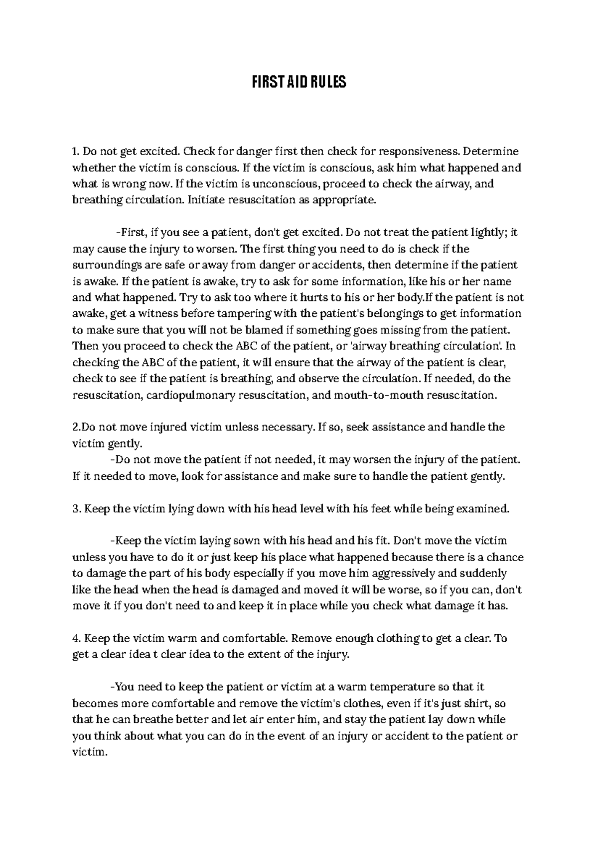 First AID Rules - FIRST AID RULES Do not get excited. Check for danger ...