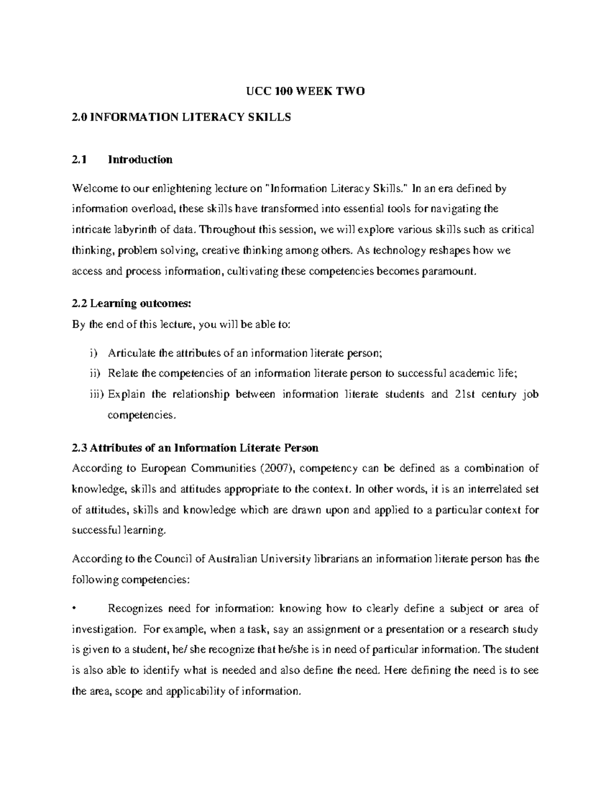UCC 100 WEEK TWO - Stuff - UCC 100 WEEK TWO 2 INFORMATION LITERACY ...