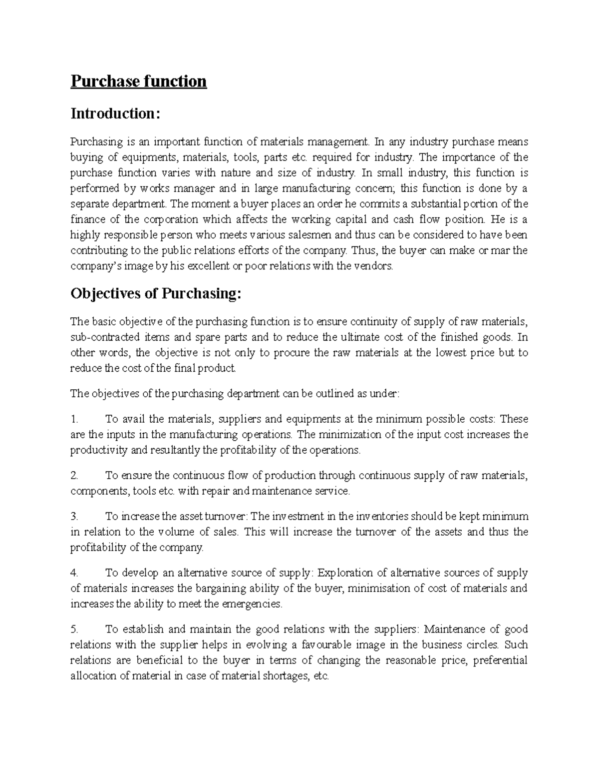 Notes - Purchase function Introduction: Purchasing is an important ...