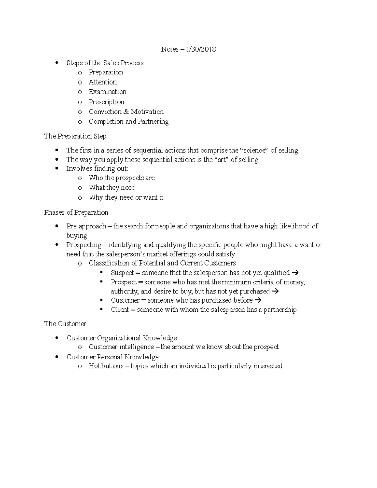 Notes 1-30 - Notes – 1/30/2018 Steps of the Sales Process o Preparation ...