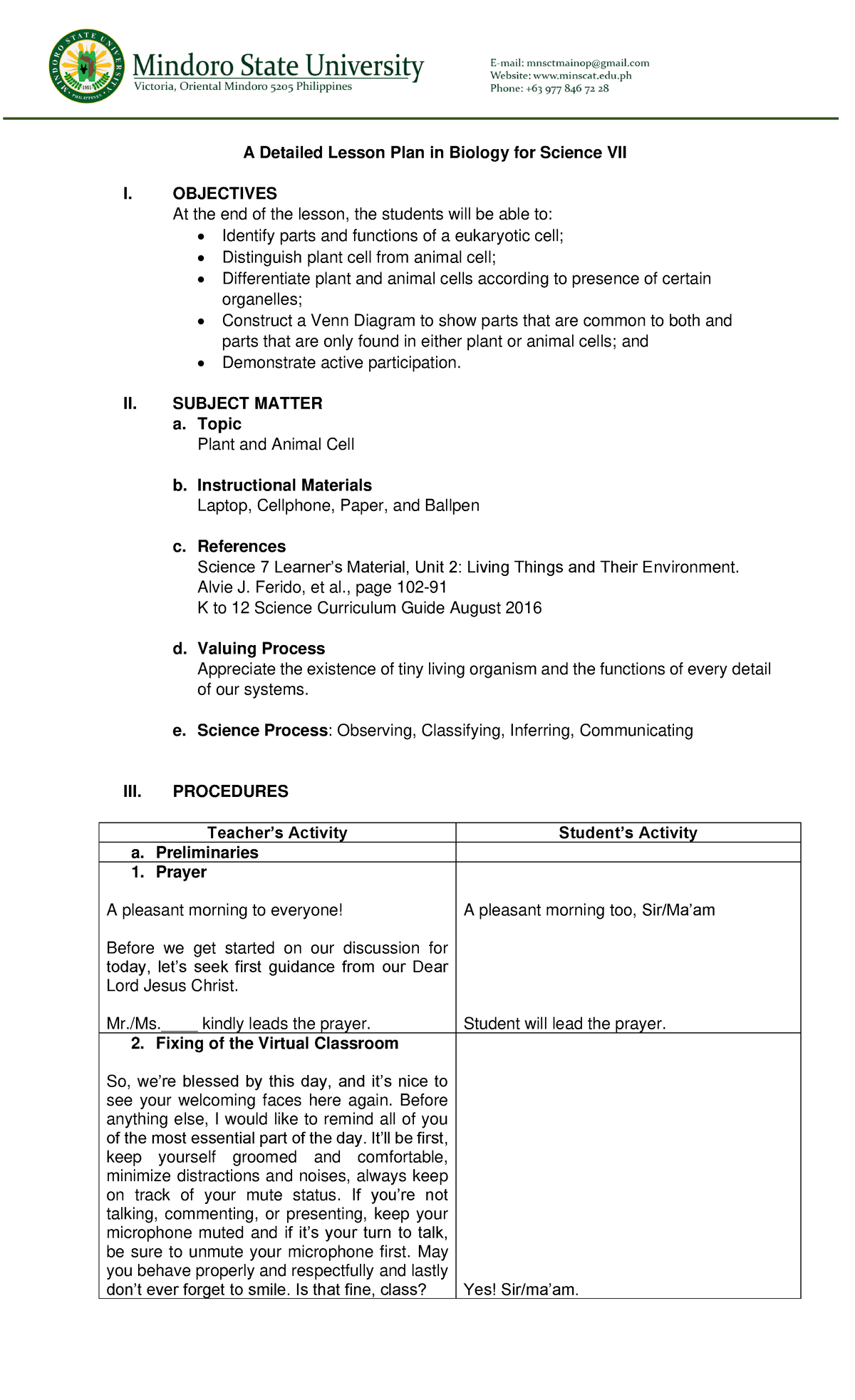 A Detailed Lesson Plan In Biology 7 OBJECTIVES At The End Of The 