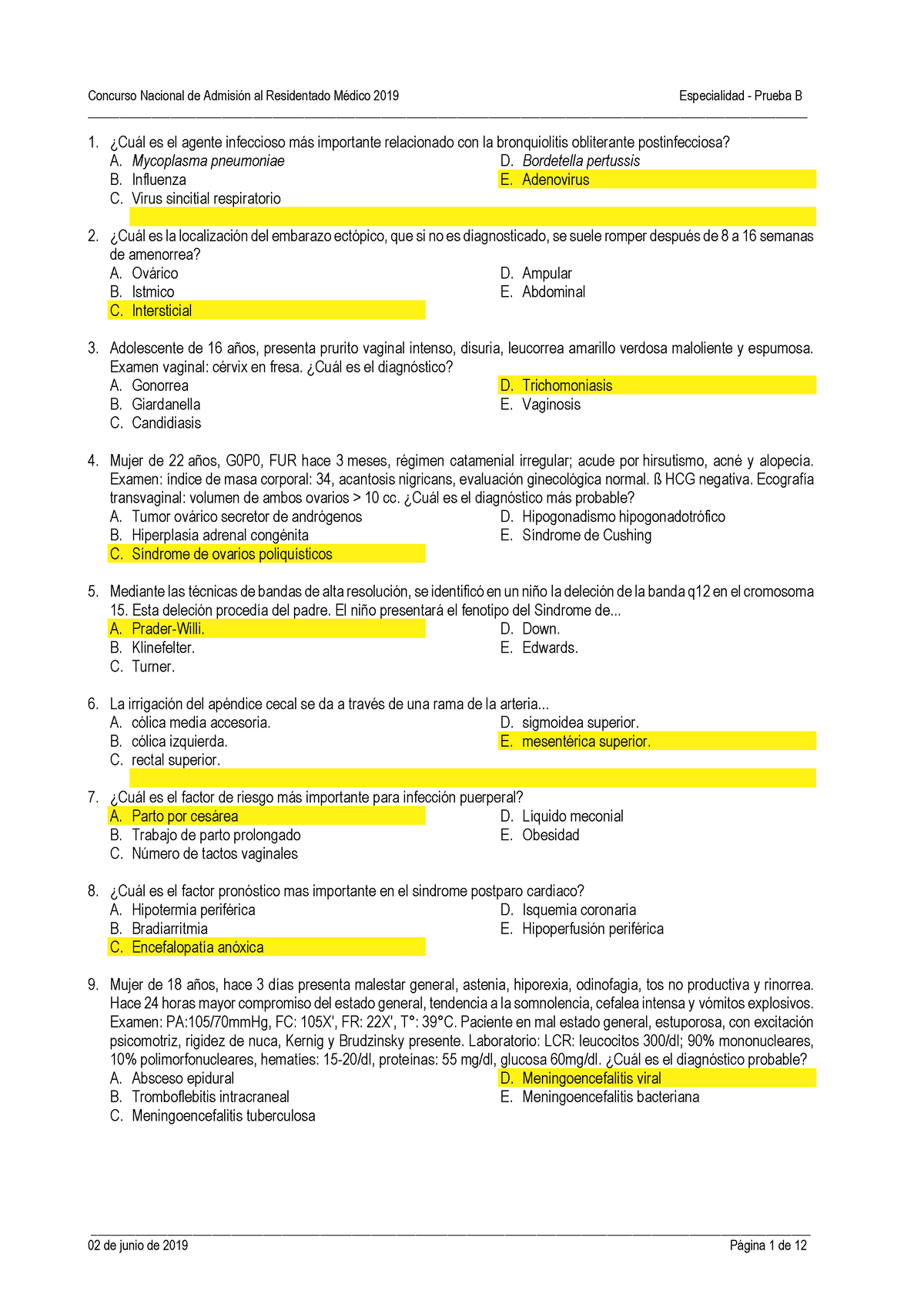 Prueba B 2019 - Examen - øCu·l Es El Agente Infeccioso M·s Importante ...