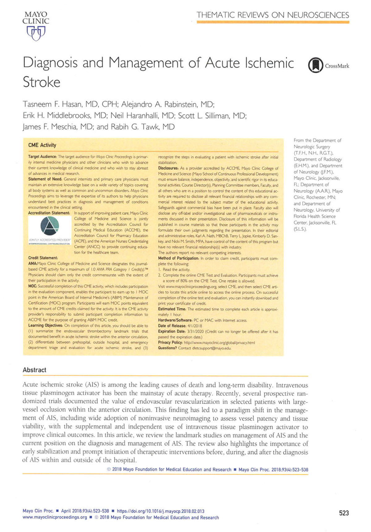 Diagnosis and Management of Acute Ischemic Stroke - NURS 5315 - Studocu
