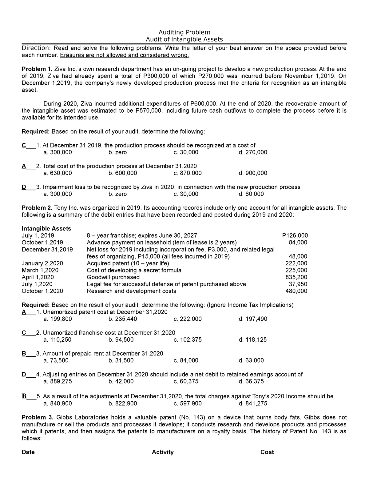 Audit Of Intangible Assets Quiz IV Updated - Auditing Problem Audit Of ...