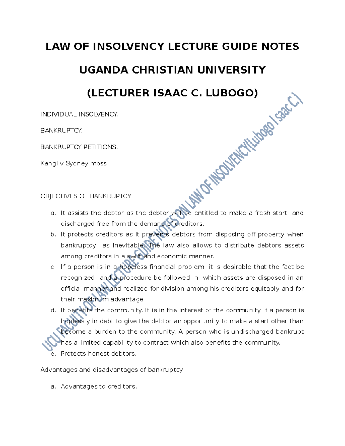 Insolvency by Lubogo UCU Final Notes1 LAW OF INSOLVENCY LECTURE