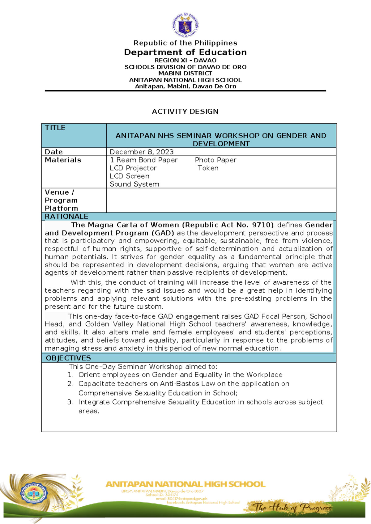 GAD TRaining Design 2 1 - Department of Education REGION XI – DAVAO ...