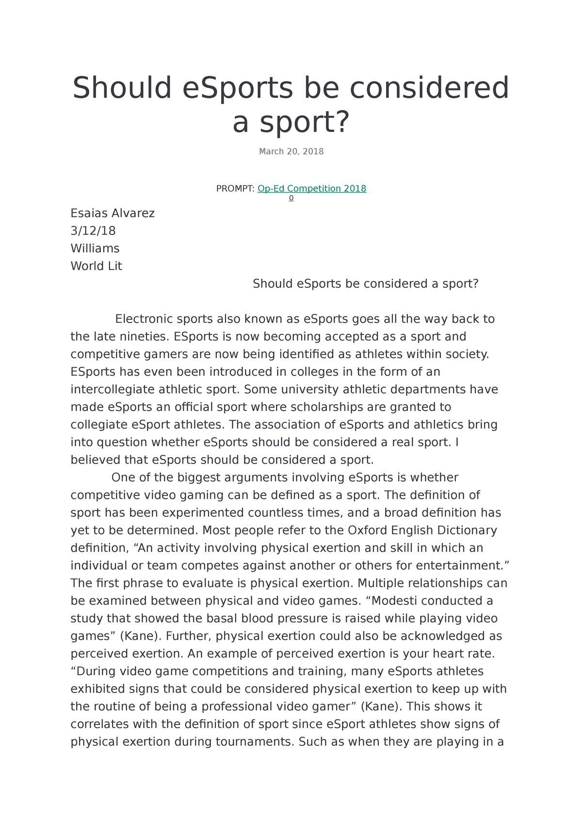 essay about e sport