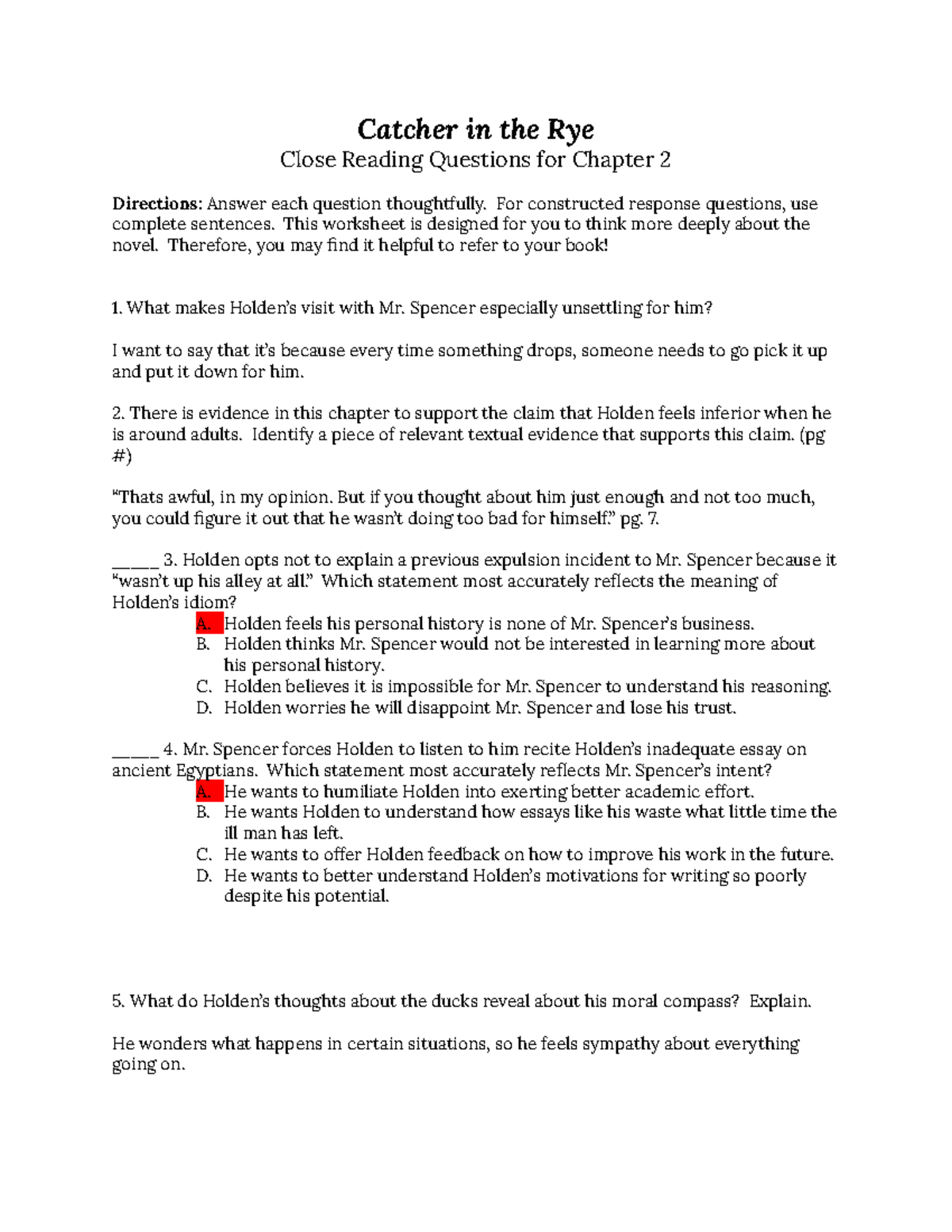 Catcher in the Rye Ch. 2 Close Reading Questions Catcher in the Rye Close Reading Questions