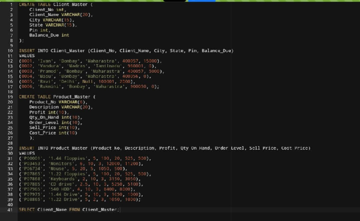DBMS Assignment 1 - prev yewr - 1 CREATE TABLE Client_Master ( 2 Client ...