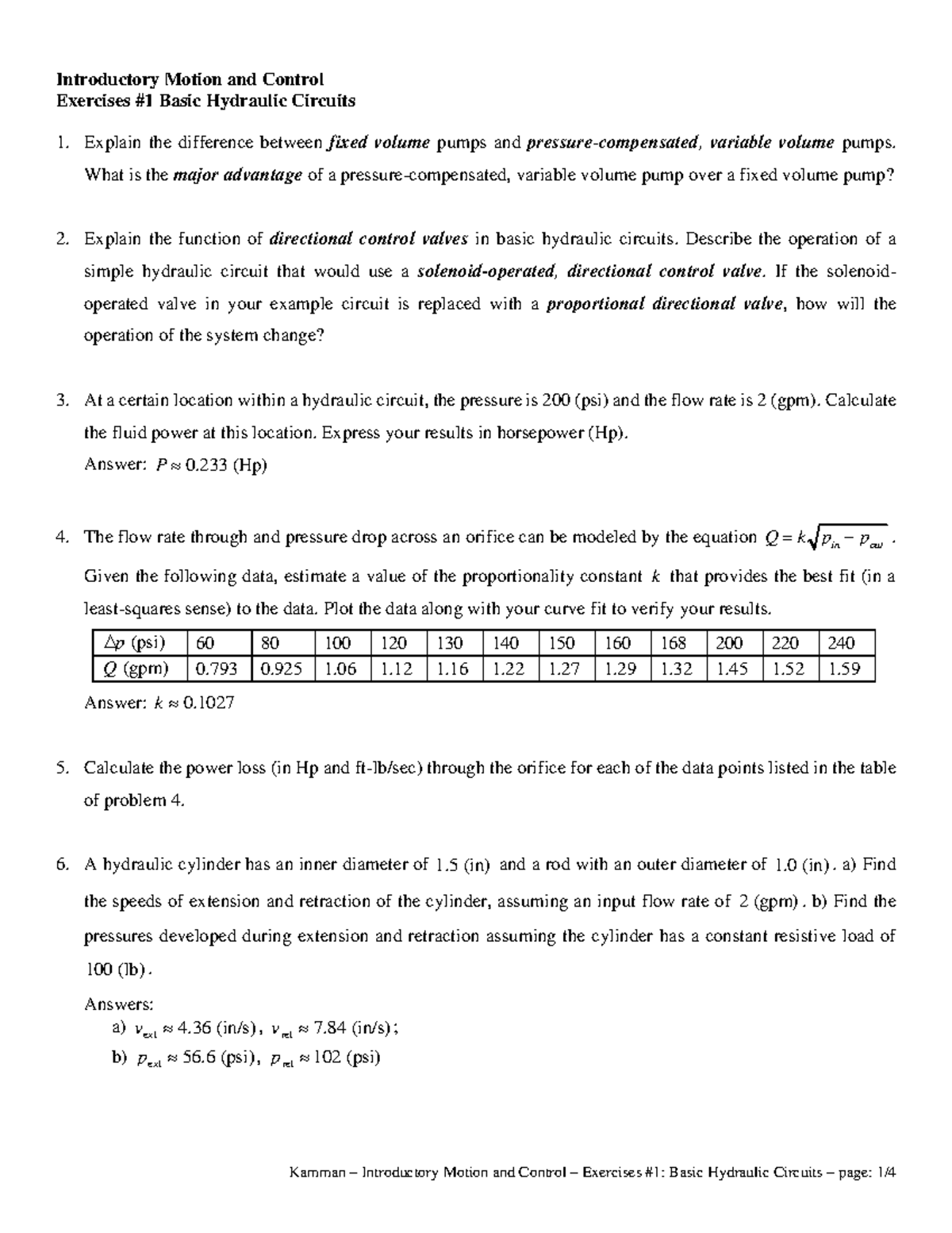 Exercises 01 basic hydraulic circuits - Introductory Motion and Control ...