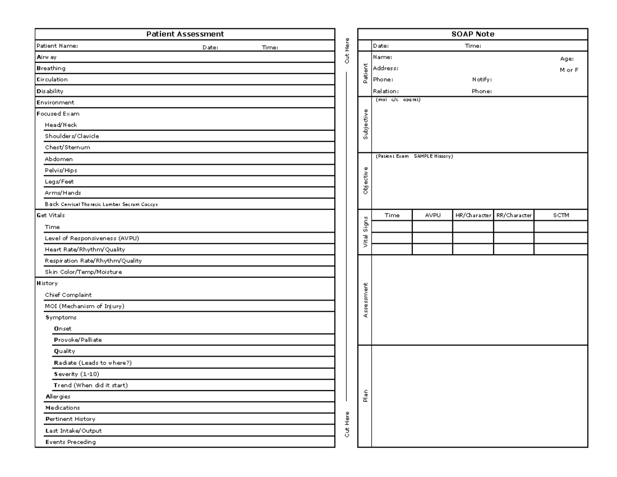 Patient Assessment SOAP Note - Patient Name: Date: Time: Date: Time ...