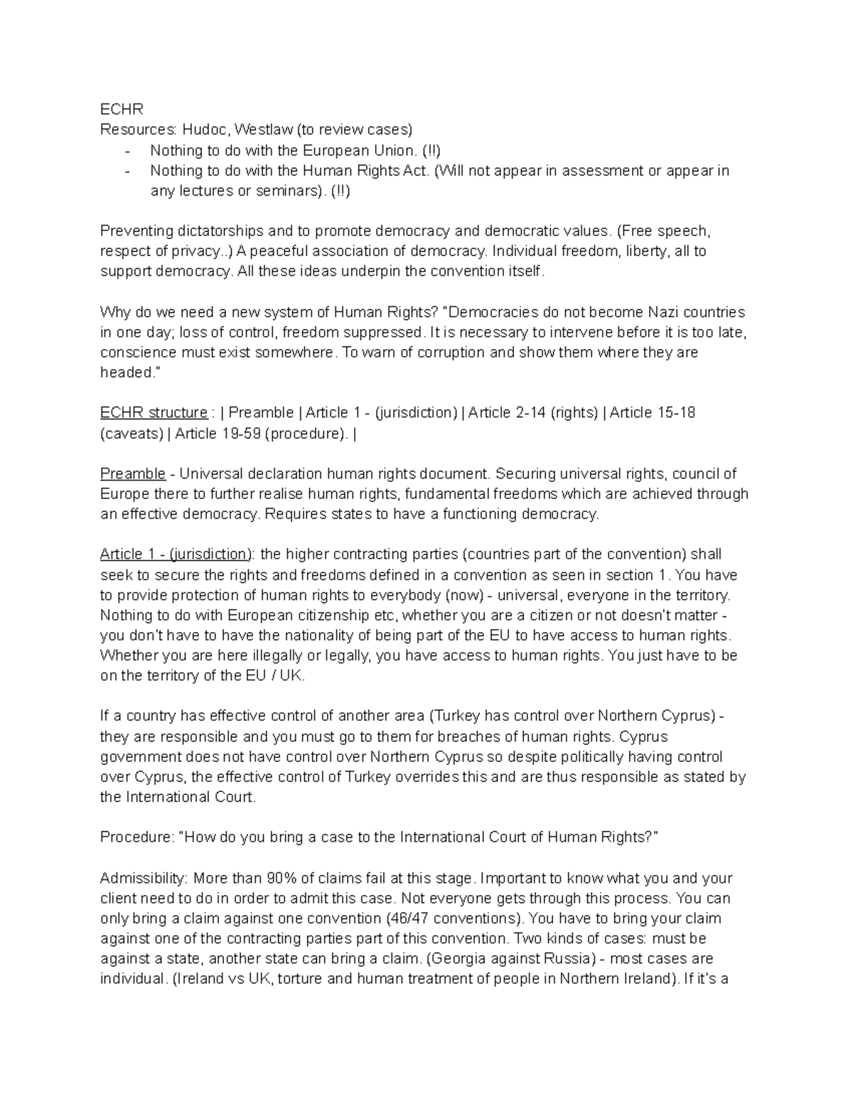 Human Rights Lecture Notes 1 - ECHR Resources: Hudoc, Westlaw (to ...