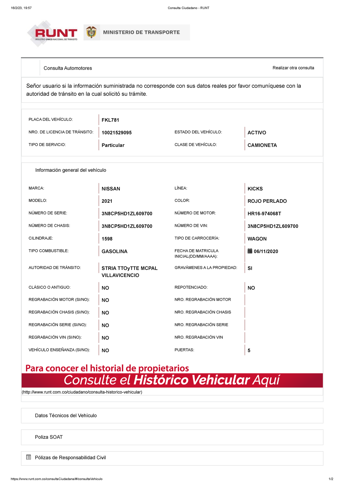 RUNT Fkl781 2023 - APUNTES - 16/2/23, 19:57 Consulta Ciudadano - RUNT ...