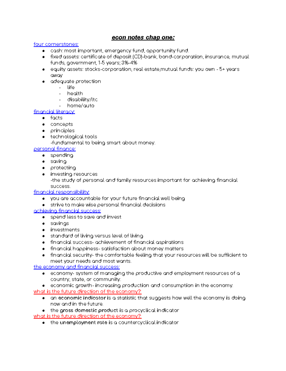 Econ notes - econ notes chap one: four cornerstones: cash: most ...