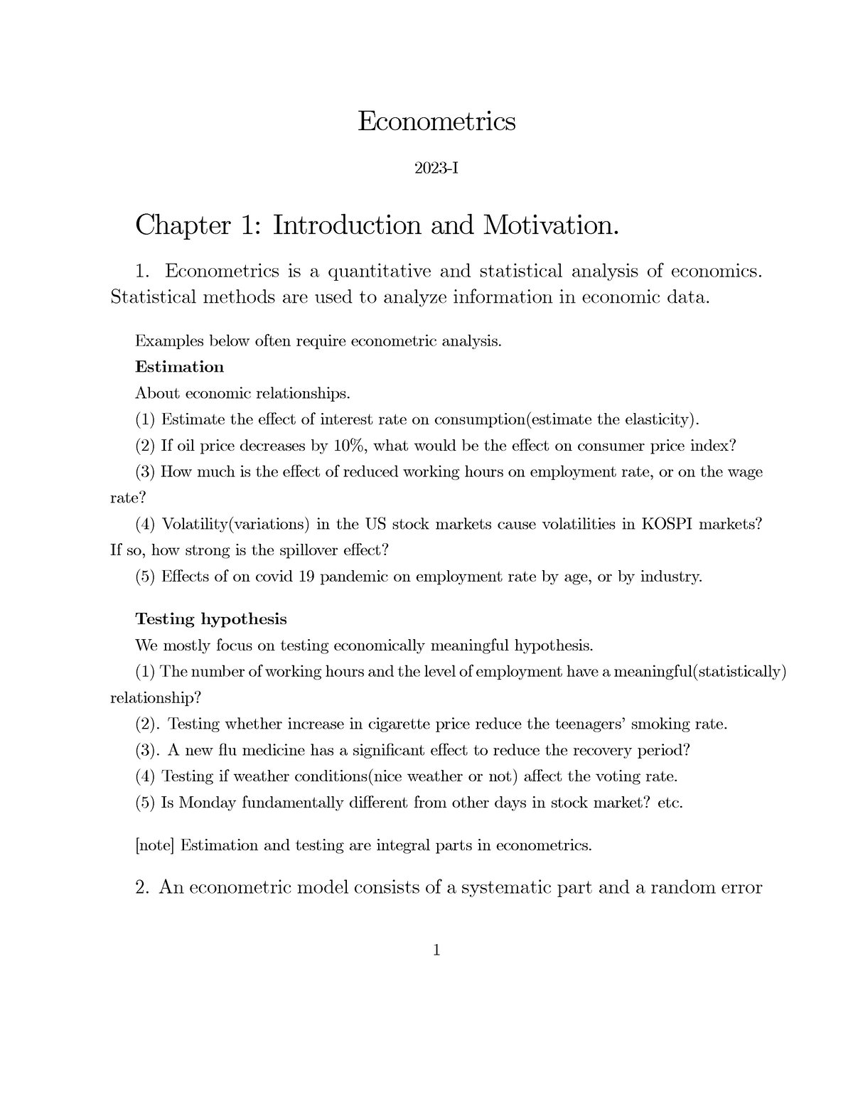 Ch1 - Lecture Note Of Economics - Econometrics 2023-I Chapter 1 ...