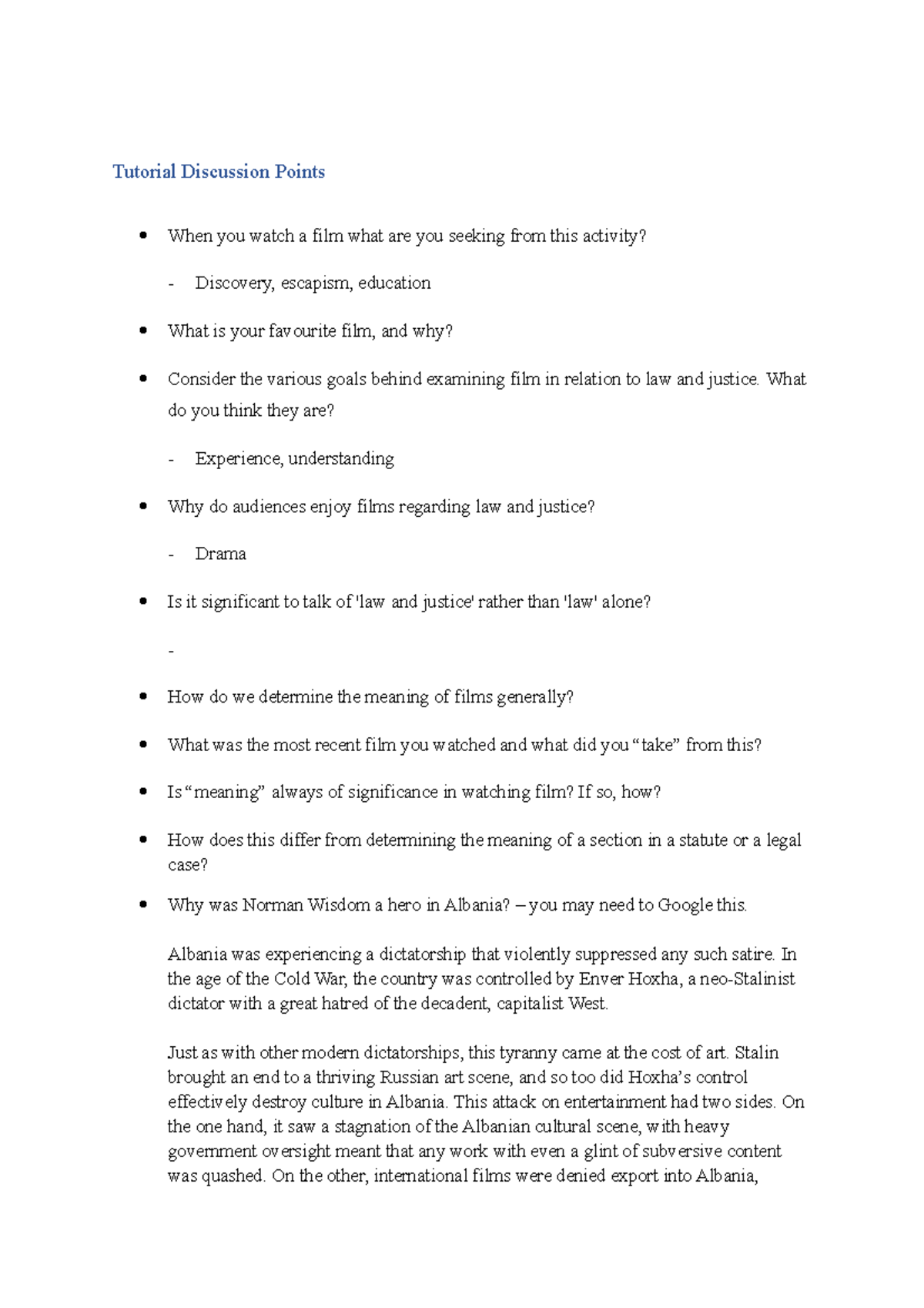 Law, Film and Popular Culture Tutorial 1 - Tutorial Discussion Points ...