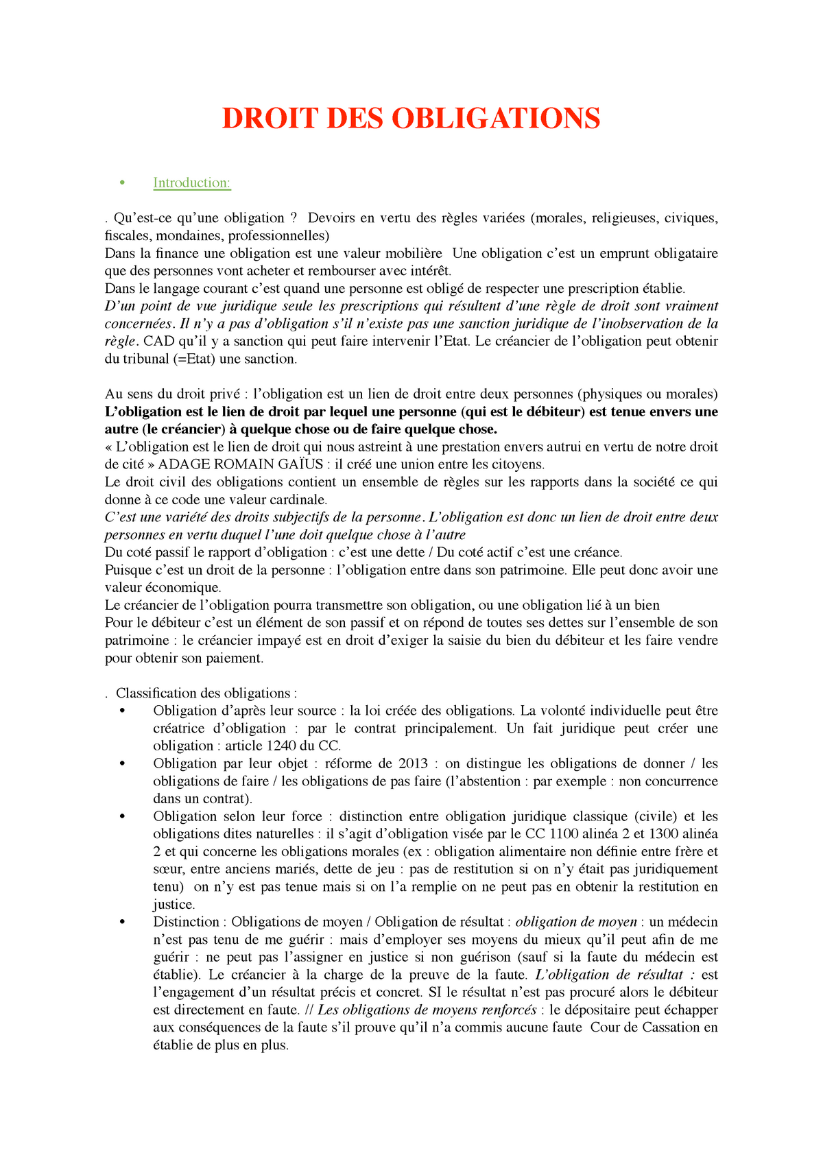 Fiches De Révisions Droit Des Obligations - DROIT DES OBLIGATIONS ...