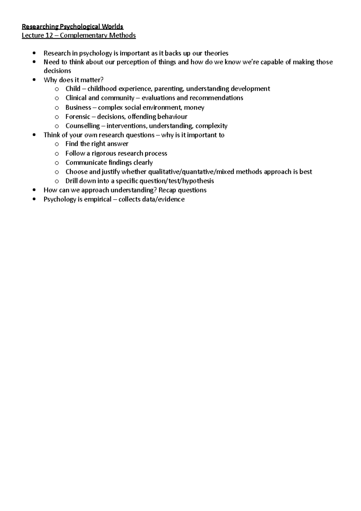 L12 - Complementary methods - Researching Psychological Worlds Lecture ...