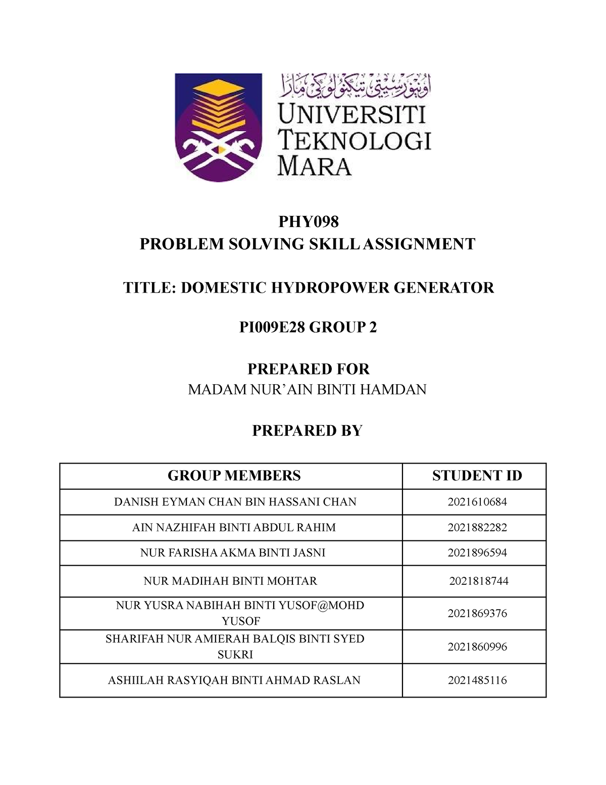 problem solving assignment phy098