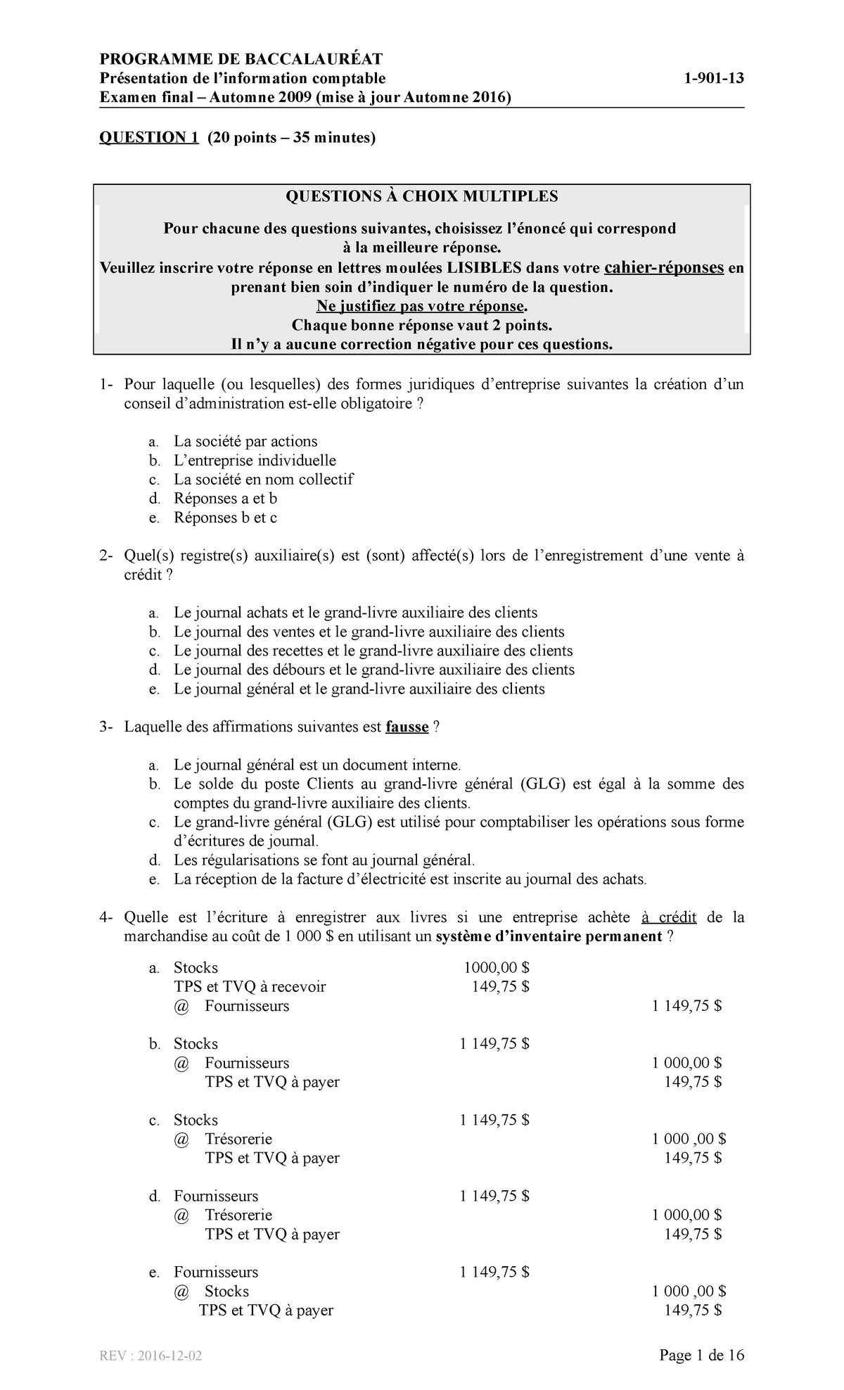 Examen Final Comptabilite Programme De Baccalaureat Presentation De L Information Comptable Examen Studocu