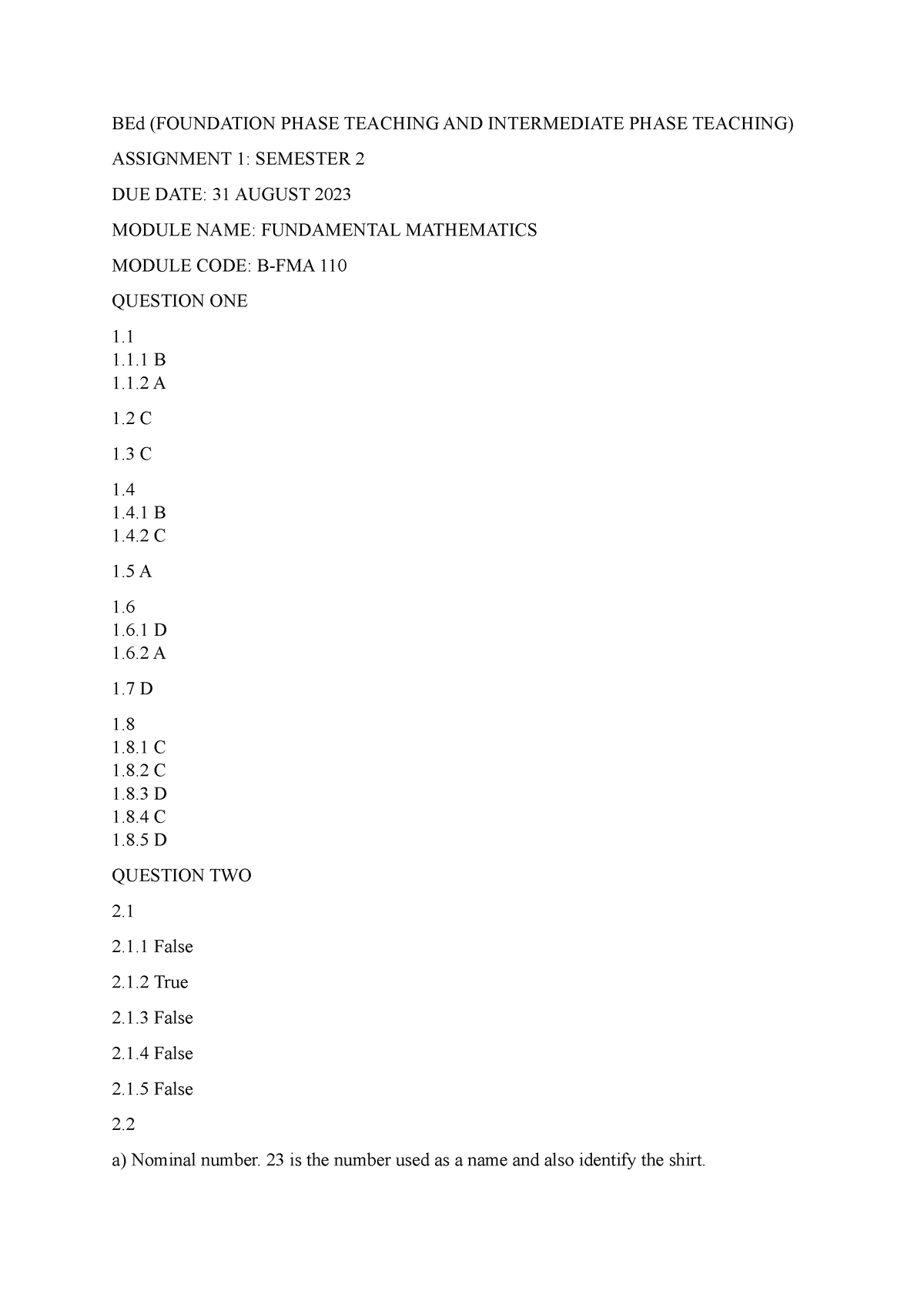 B-FMA 110 MEMO - ASSESSMENT ANSWERS - BEd (FOUNDATION PHASE TEACHING ...