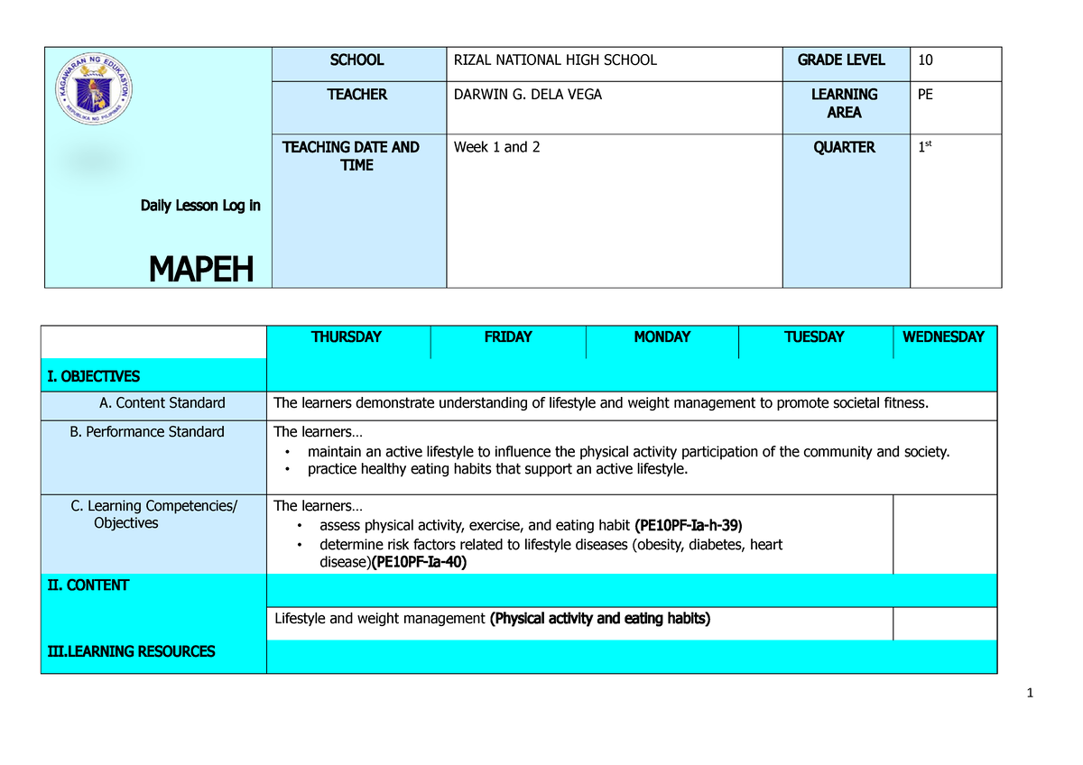 Q1 Grade 10 PE DLL Week 1 And 2 - Daily Lesson Log In MAPEH SCHOOL ...