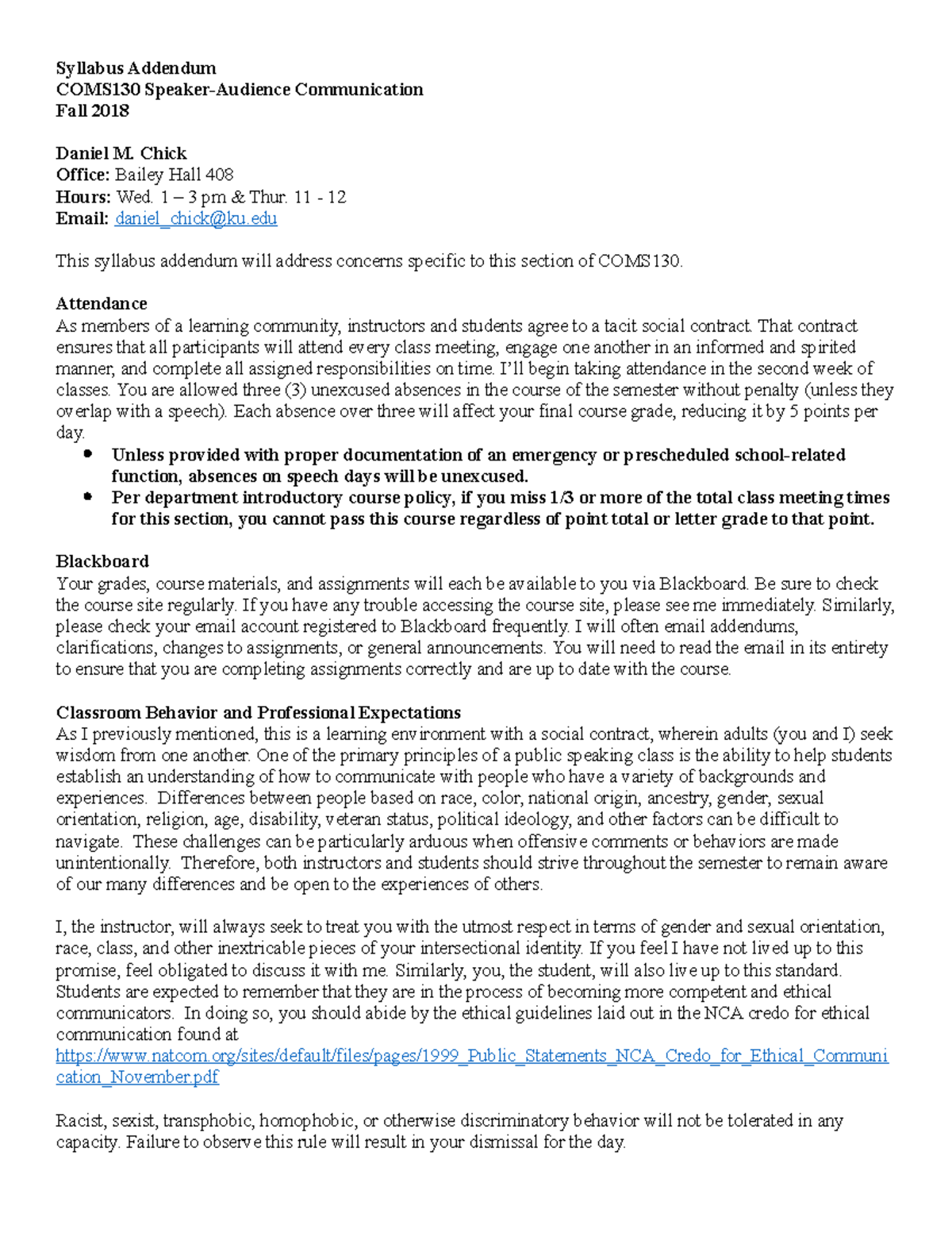 Syllabus Addendum SP2019 - Syllabus Addendum COMS130 Speaker-Audience ...