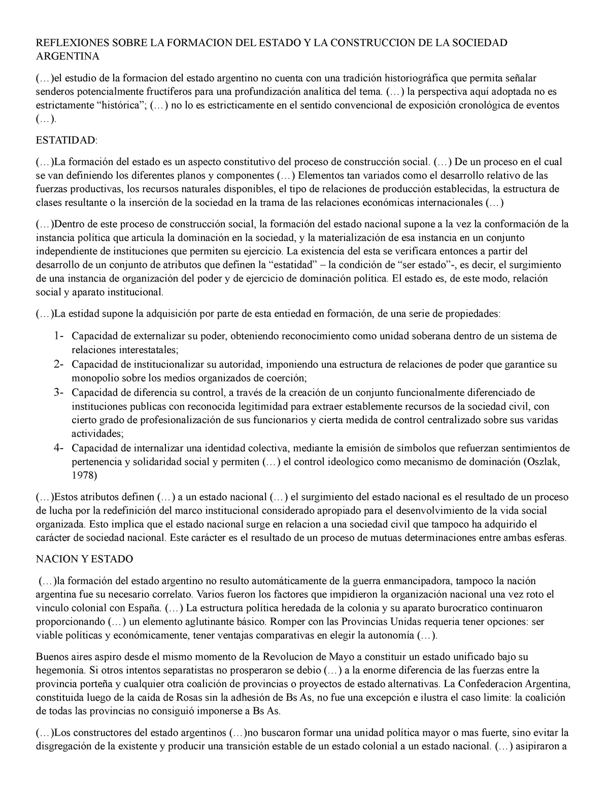 3. Resumen Oszlak - REFLEXIONES SOBRE LA FORMACION DEL ESTADO Y LA ...