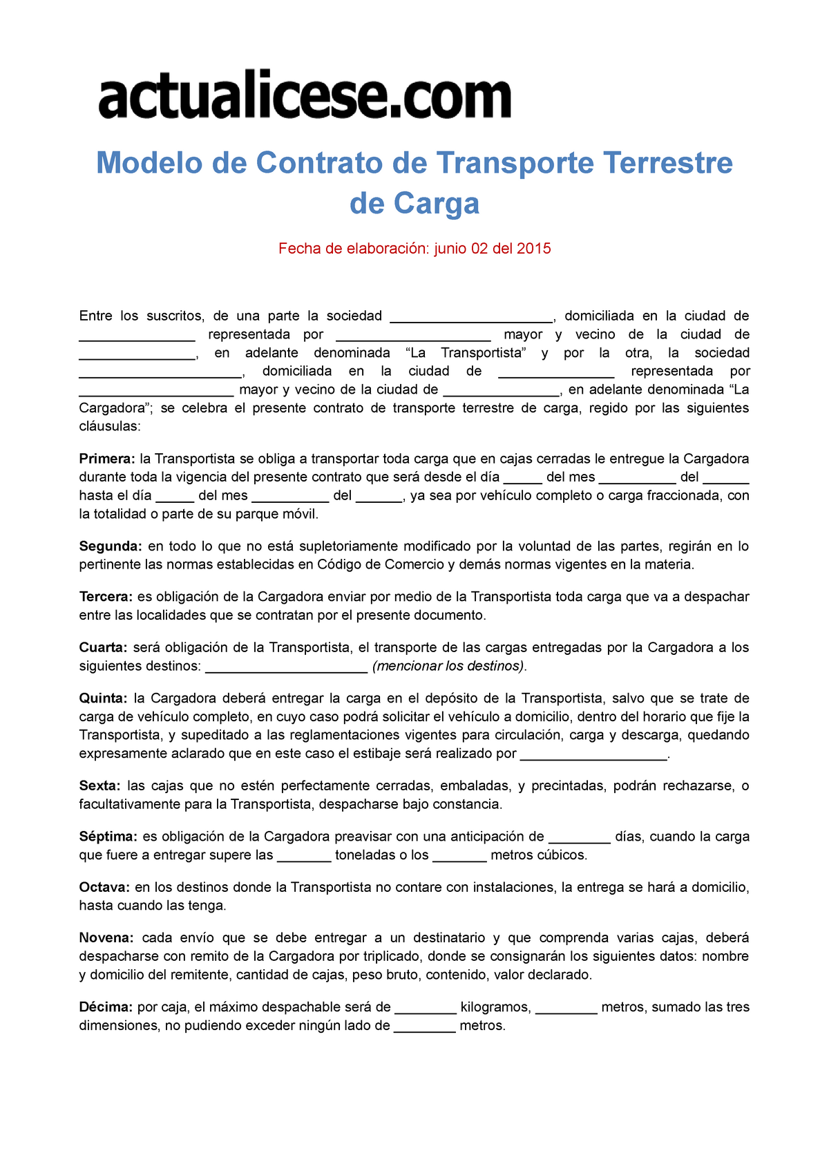 Contrato Transporte Terrestre Carga Modelo De Contrato De Transporte Terrestre De Carga Fecha 1520