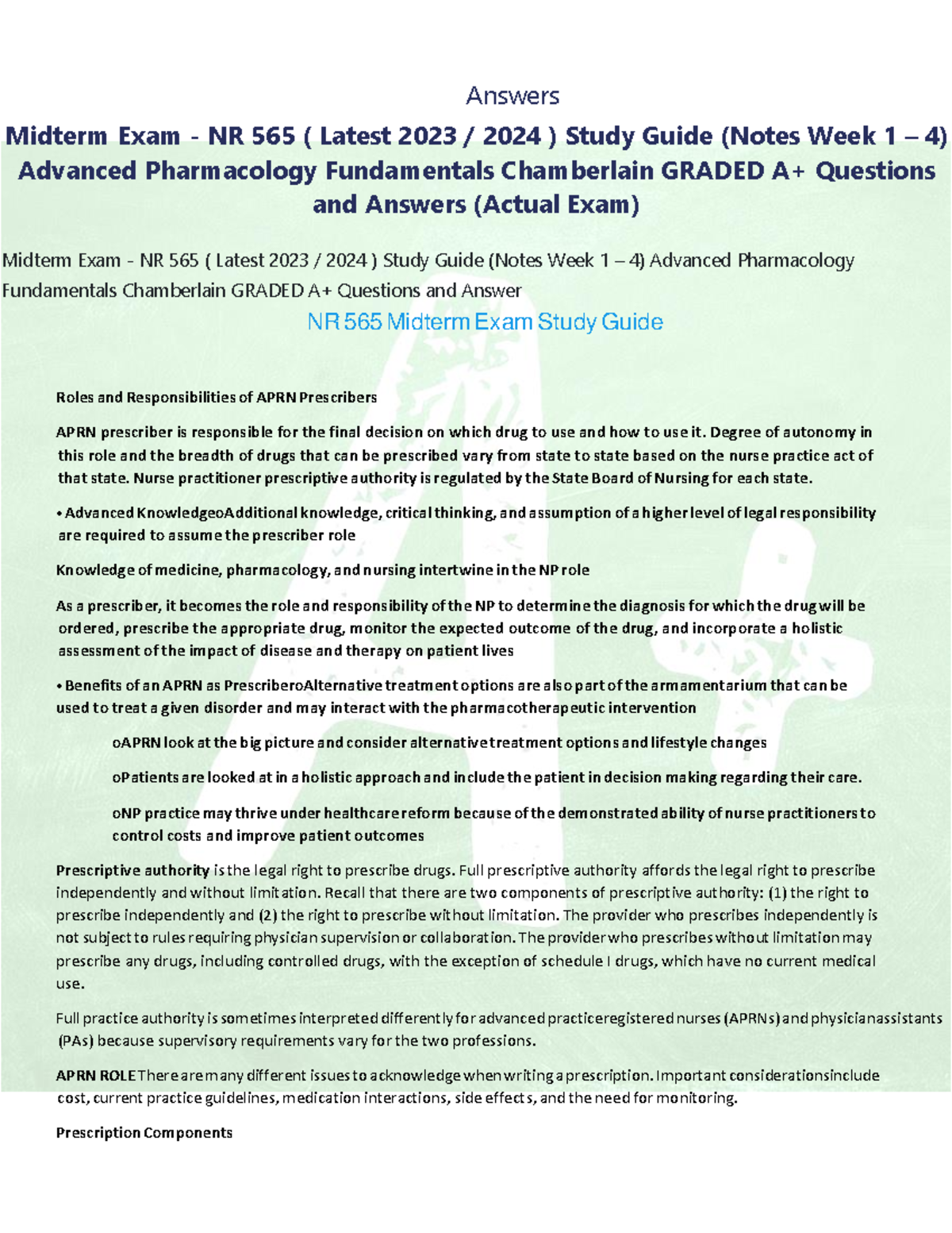 Midterm Exam - NR 565 ( Latest 2023 ) Study Guide (Notes Week 1 – 4 ...