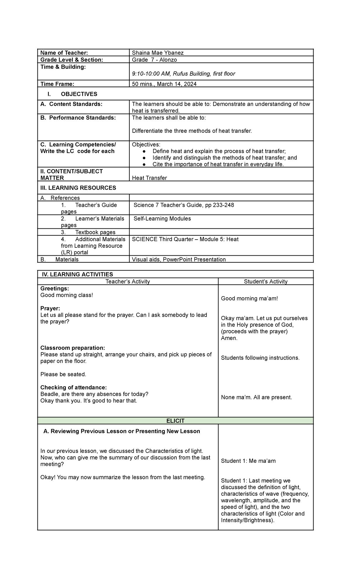 Daily Lesson Plan-Module 5 Heat - Name of Teacher: Shaina Mae Ybanez ...