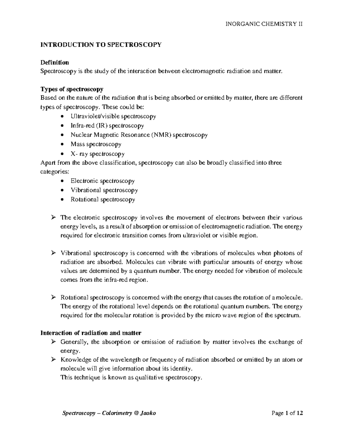 Spectroscopy Colorimetry Notes INTRODUCTION TO SPECTROSCOPY