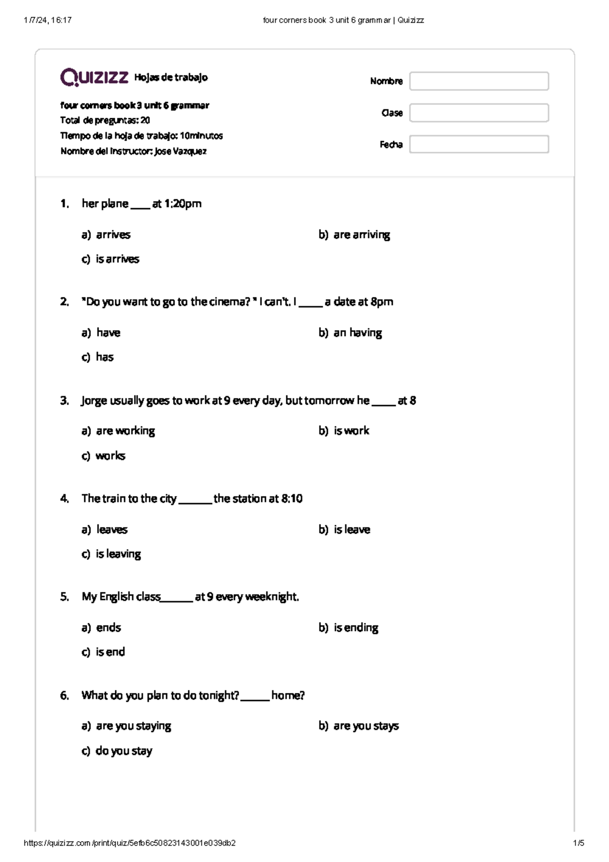 Four Corners Book 3 Unit 6 Grammar Quizizz - Hojas De Trabajo Four ...