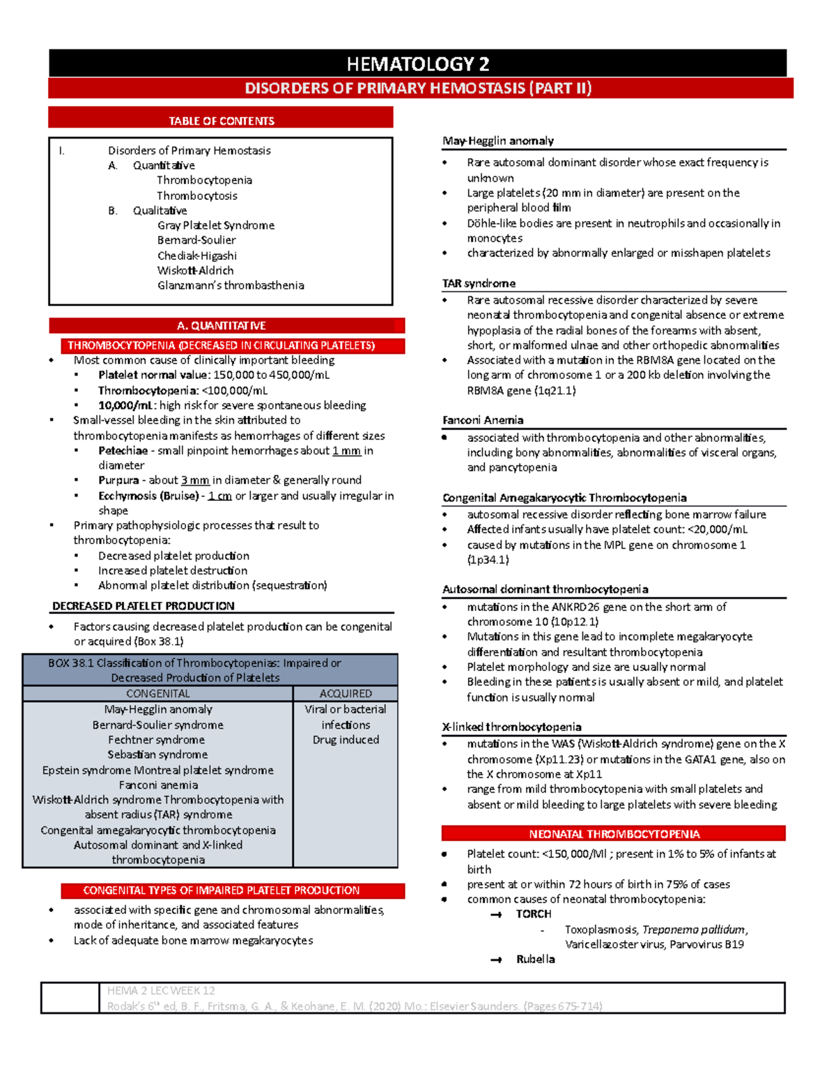 Hematology - Week 12 - HEMATOLOGY 2 DISORDERS OF PRIMARY HEMOSTASIS ...