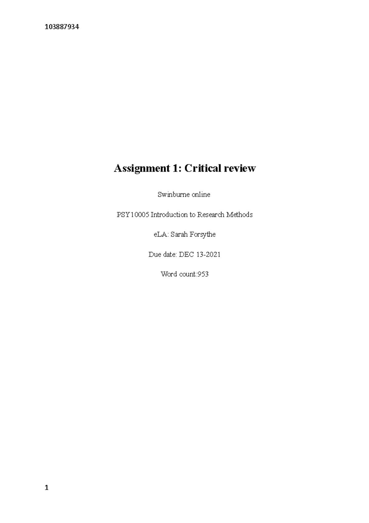 psy10005 introduction to research methods assignment 1 critical review