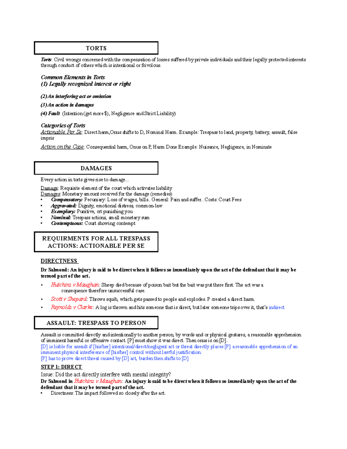 Torts Template form - tadass TORTS Torts: Civil wrongs concerned with ...