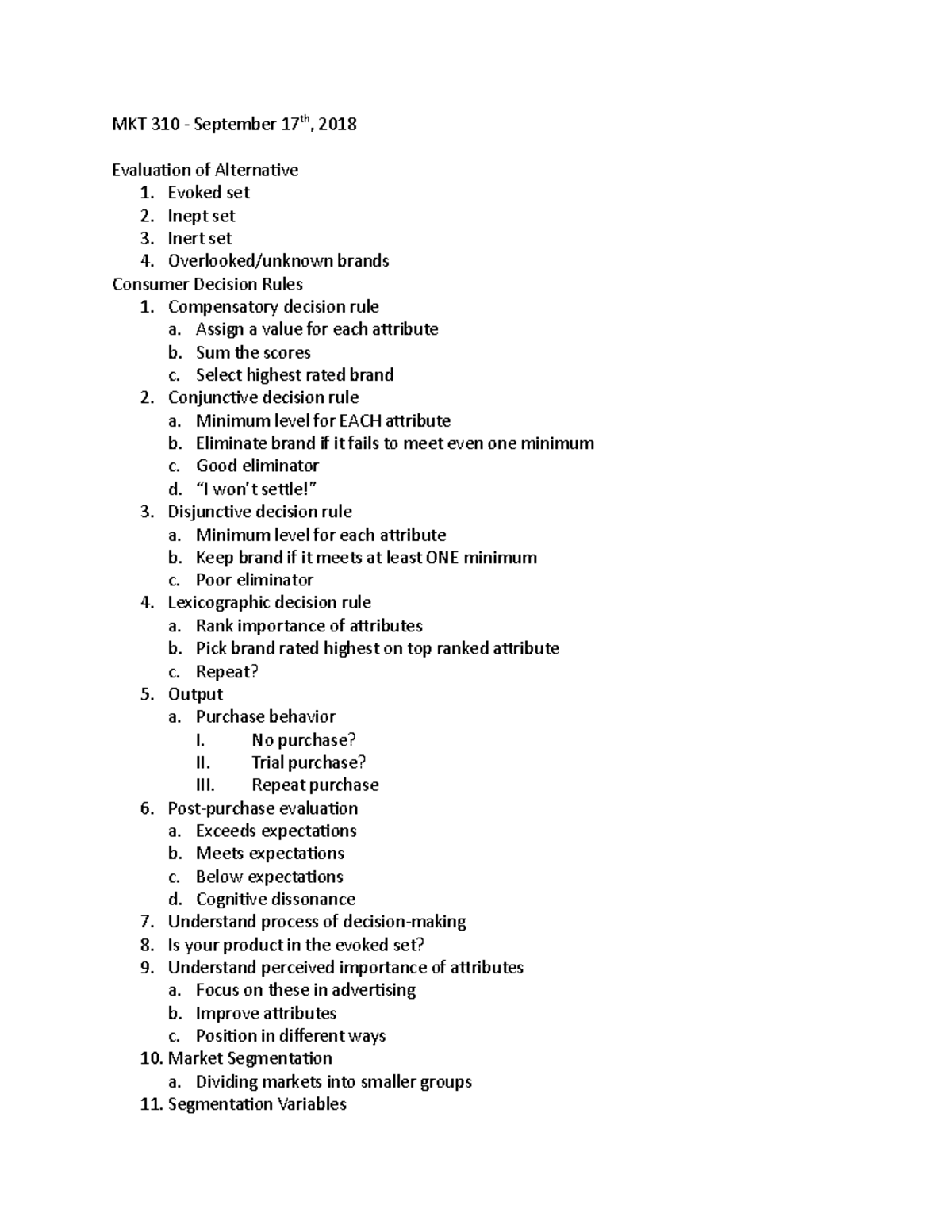 MKT Notes 9:17:18 - MKT 310 - September 17th, 2018 Evaluation of ...