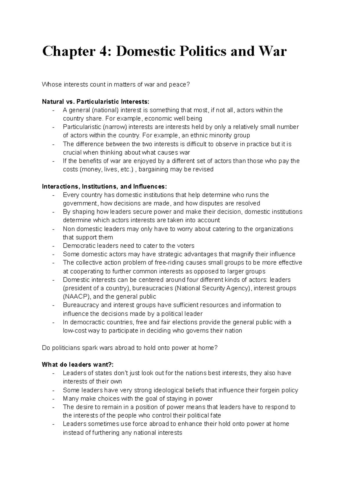 Chapter 4 Domestic Politics and War - Particularistic Interests: - A ...