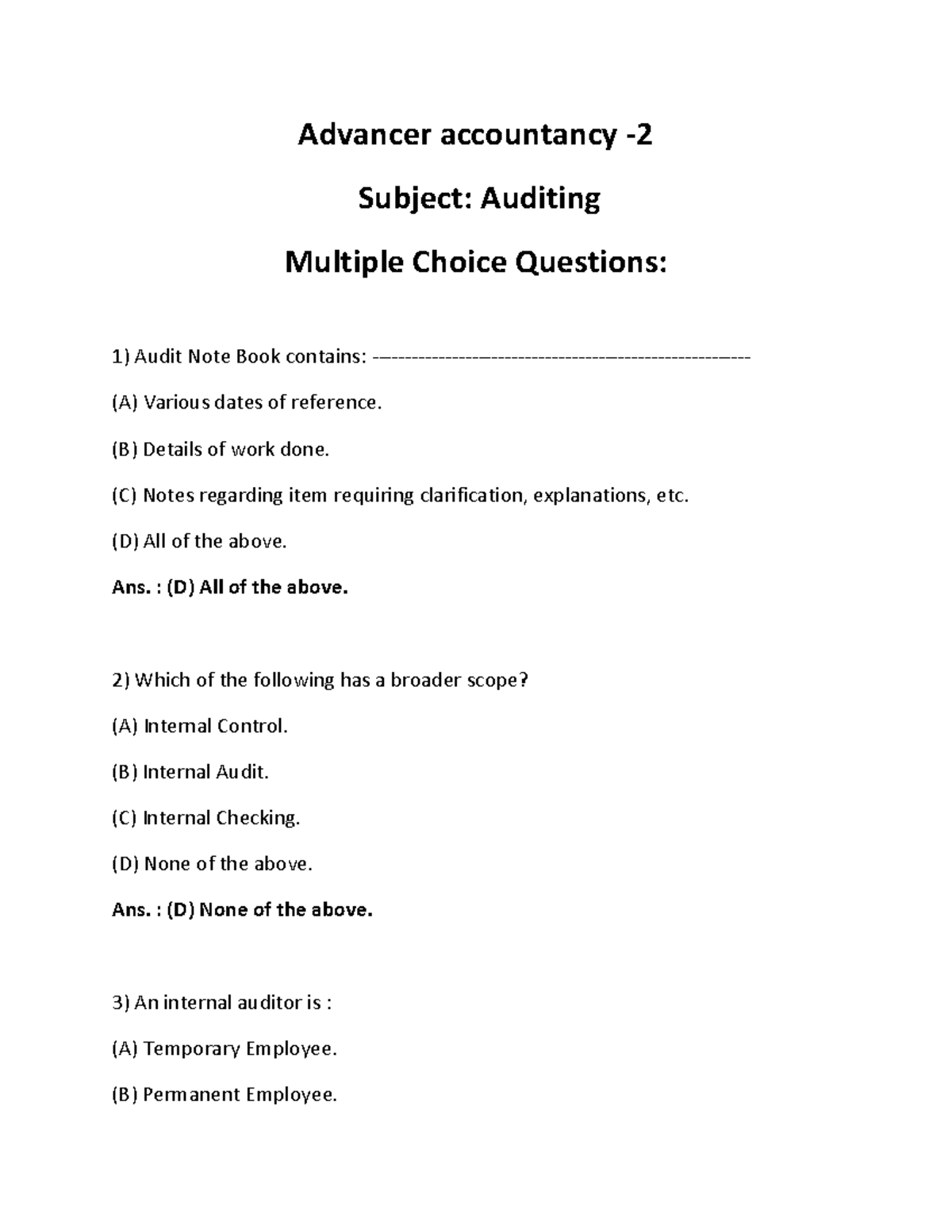 Audit MCQ - Advancer Accountancy - Subject: Auditing Multiple Choice ...