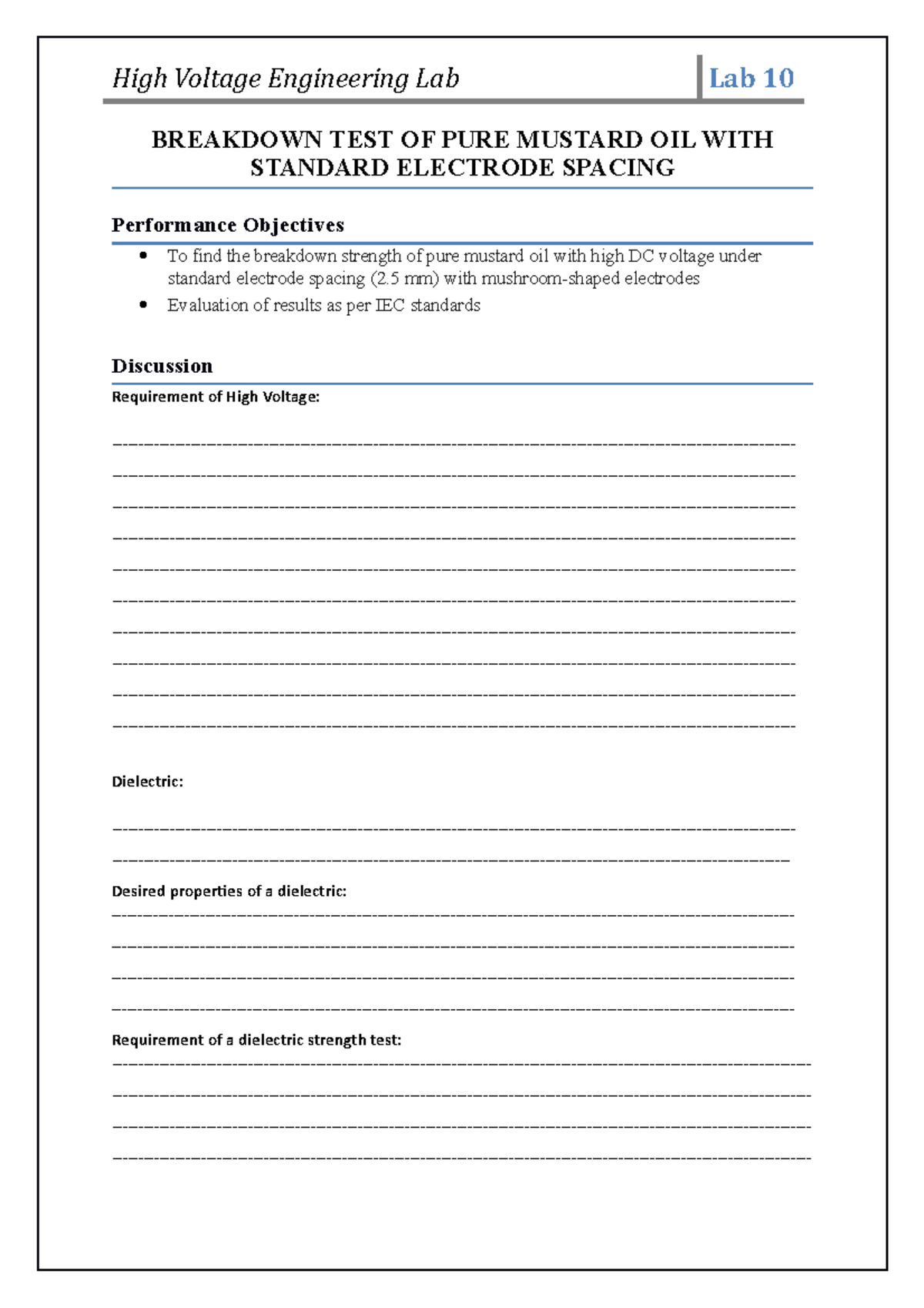 My LAB 10 - The Given document is the high voltage lab manual performed ...