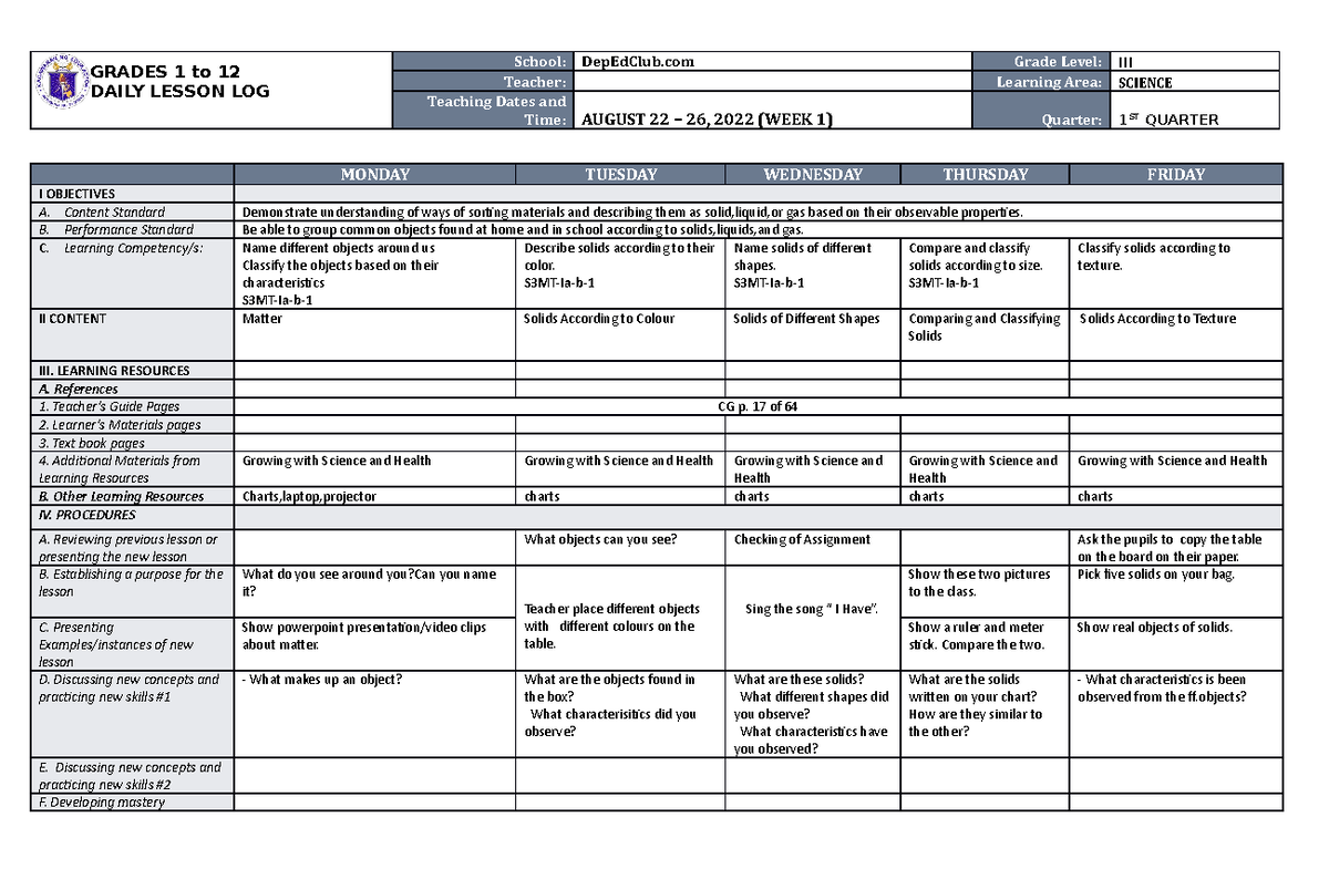 DLL Science 3 Q1 W1 - new lesson - GRADES 1 to 12 DAILY LESSON LOG ...