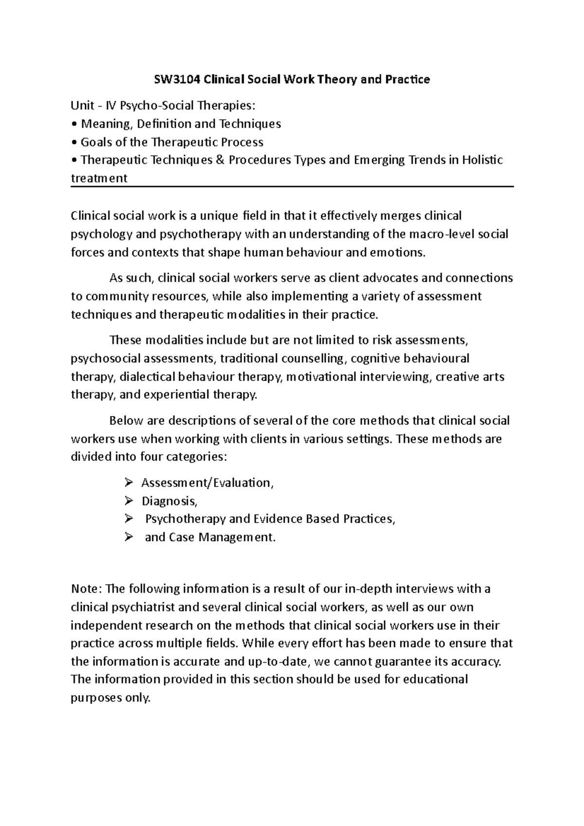 SW3104-unit 4 - Clinical Social Work Theory and Practice unit 4 ...