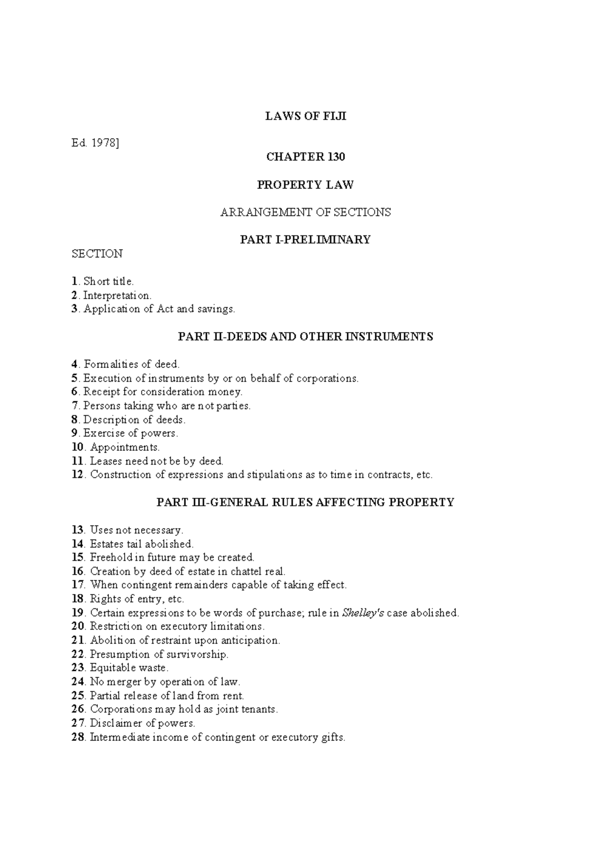 Property Law Act [CAP 130] LAWS OF FIJI Ed. 1978] CHAPTER 130