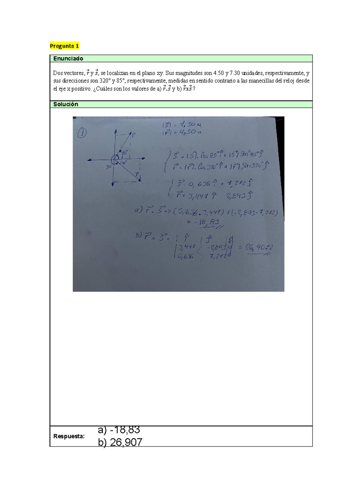 T1 Desarrollo Mecanica - Pregunta 1 Enunciado Dos vectores, 𝑟⃗ y 𝑠⃗, se ...