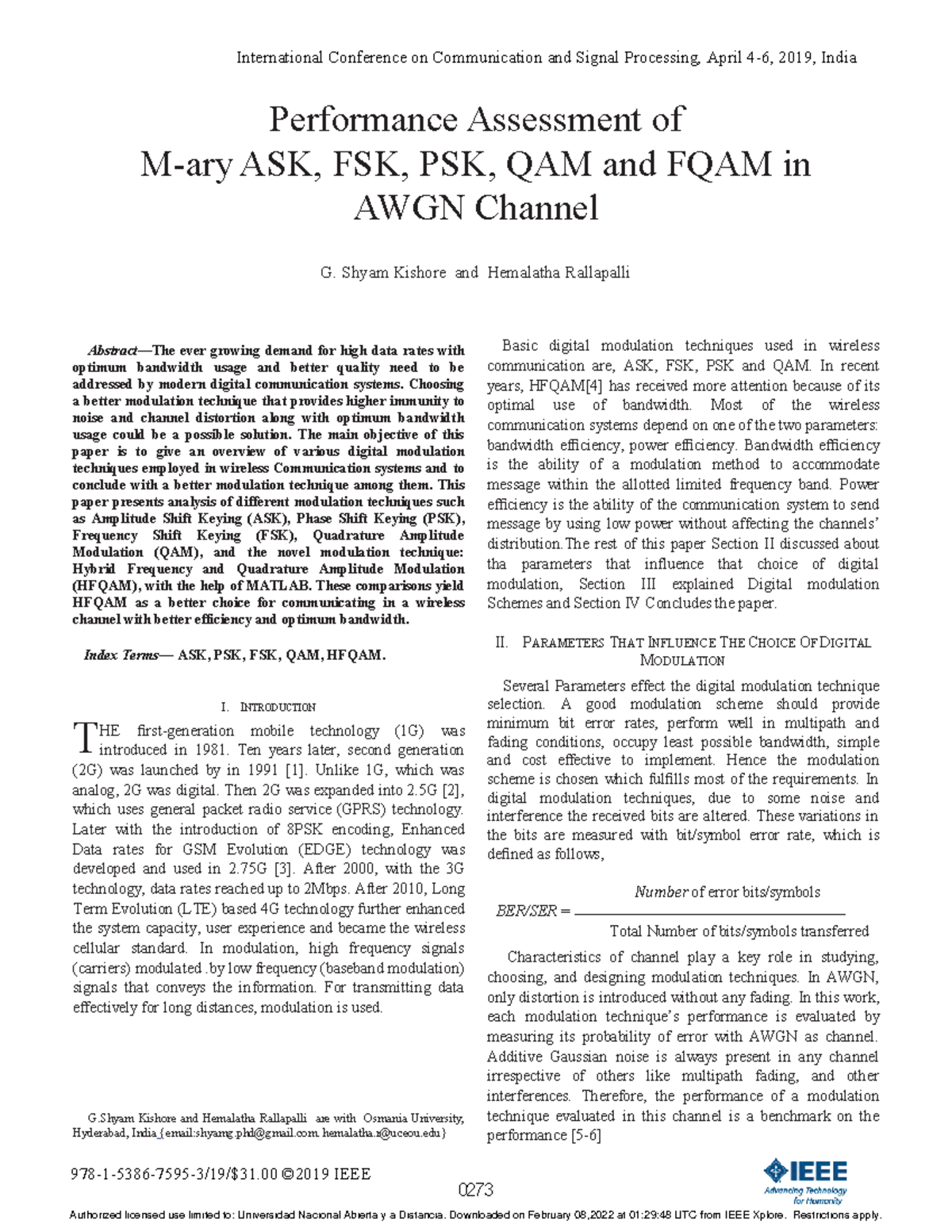 Shyam-Performance Assessment of M-ary ASK FSK PSK QAM and FQAM in AWGN ...