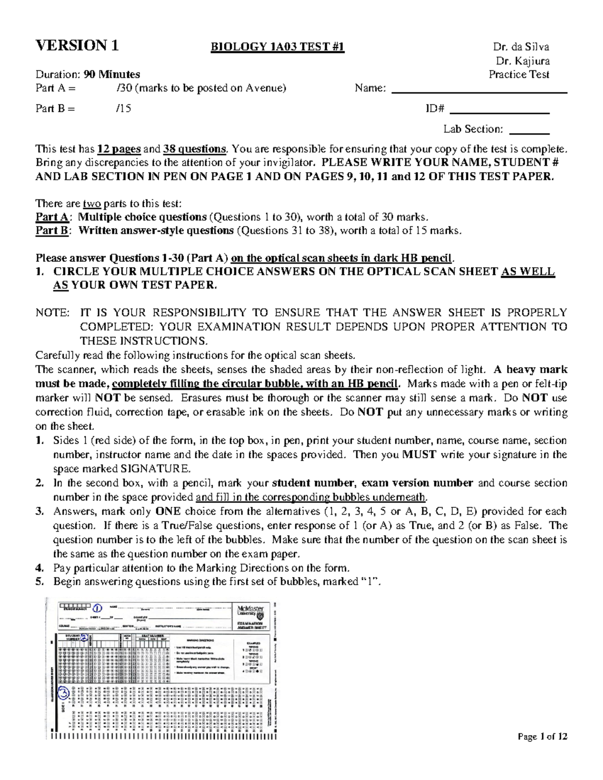 Bio 1A03 Practice Test 1 Evening Version 1.pdf - VERSION 1 BIOLOGY 1A03 ...