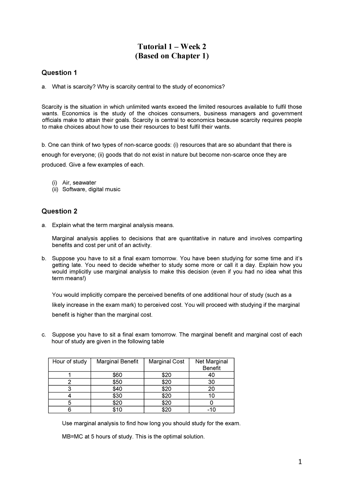 Economics Essentials For Business Week 1 Tutorial 1 Answers - Tutorial ...