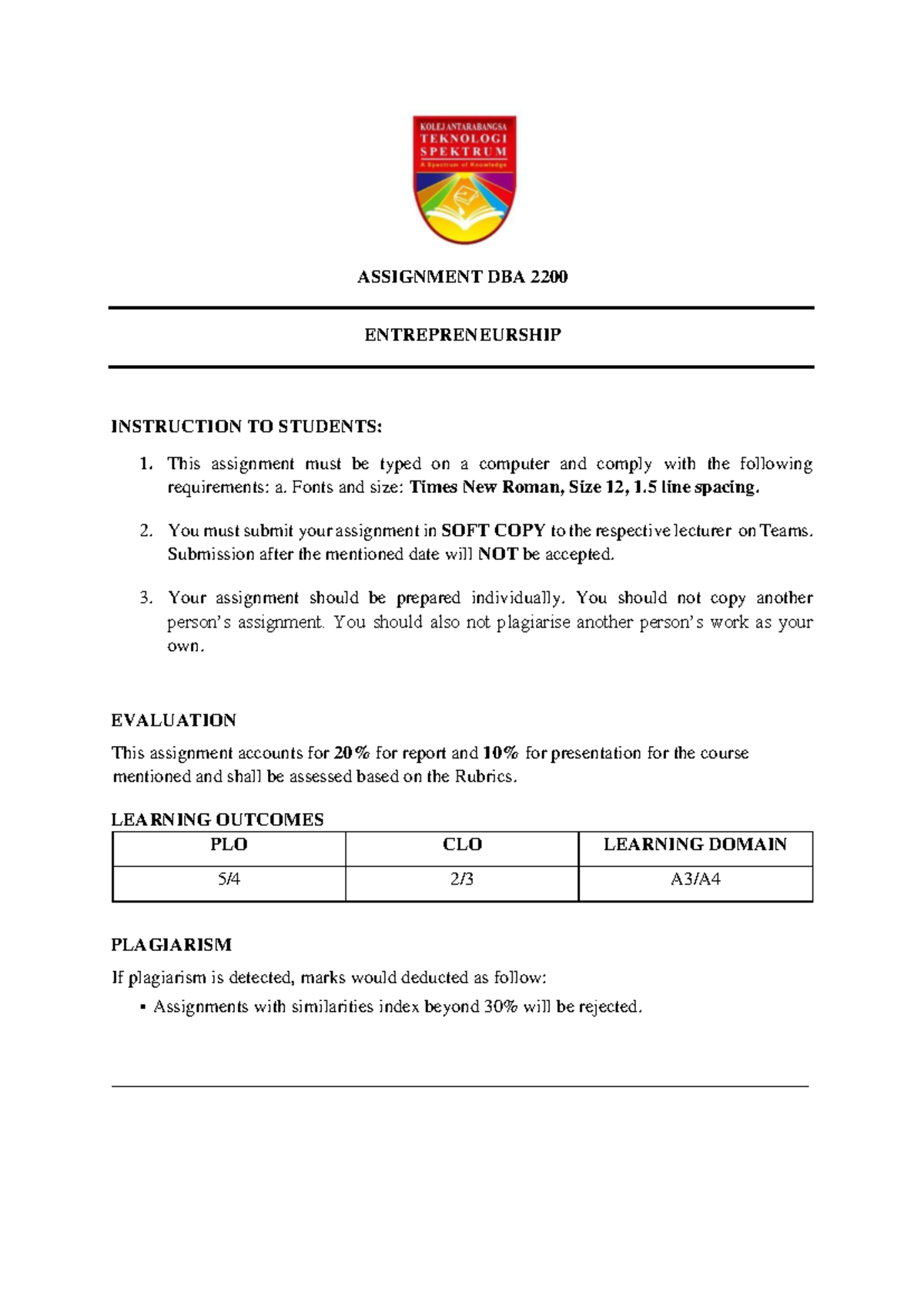 Group Assignment ENT (DBA2200) - ASSIGNMENT DBA 2200 ENTREPRENEURSHIP ...